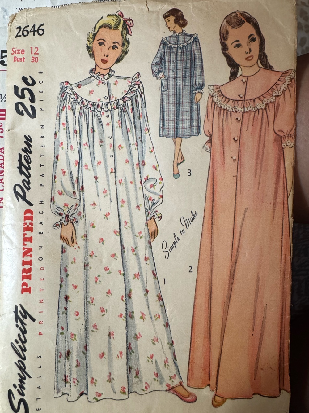 Vintage Simplicity 2646 Sewing Pattern Women’s Nightgown Size 12 Bust 30 1950s
